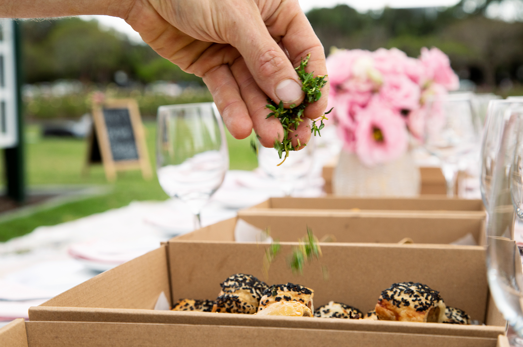 Garnishing with herbs birthday catering Brisbane